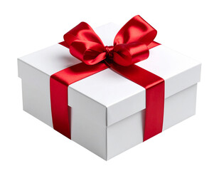 Fototapeta premium Square White Christmas Gift Box with Red Satin Ribbon and Bow, Front Angle, isolated transparent background png