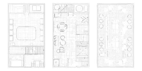 Architectural floor plans showing interior layouts and an exterior garden design in a minimalist line drawing style