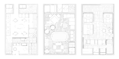 Top down architectural floor plan sketches of three different interior spaces with furniture layouts