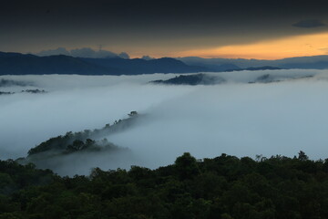 Beautiful morning landscape with mountains and sea of mist at Doi Hua Mod, Umphang Wildlife Sanctuary, Umphang district, Tak Province, Thailand