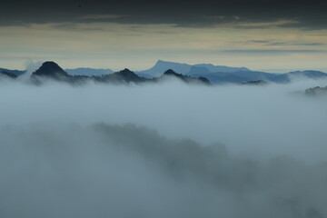 Beautiful morning landscape with mountains and sea of mist at Doi Hua Mod, Umphang Wildlife Sanctuary, Umphang district, Tak Province, Thailand