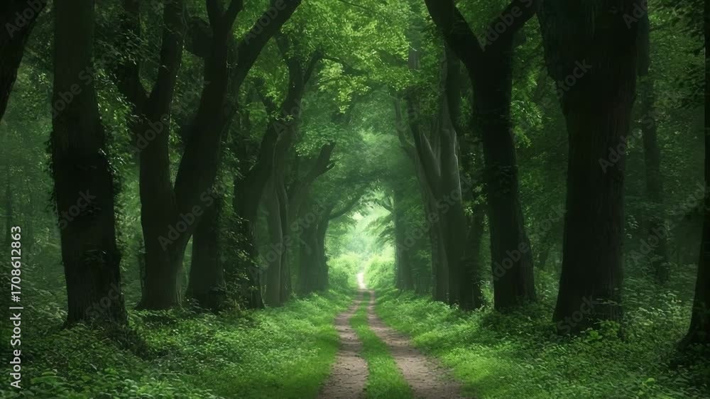 Poster Explore a lush forest path with slow pan and zoom