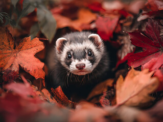 Ferret tunnelling in red autumn leaves