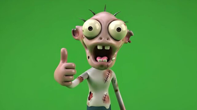 Funny Zombie Thumbs Up Green Screen - A 3D-animated cartoon zombie character gives a thumbs-up gesture against a bright green screen background.