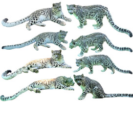 Set of Snow Leopard Toy Figures (Panthera uncia) Isolated on White Background with Copy Text Space. Wildlife-Inspired Collectible Element for Education, Play, and Decorative Designs. PNG File
