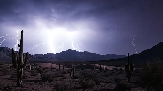 Powerful lightning strikes desert mountains under starry night
