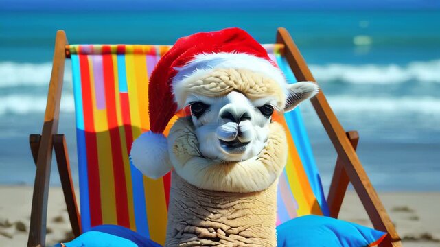 A fluffy alpaca with brown eyes wears a red Santa hat video of while lounging on a blue-cushioned wooden beach chair by gentle waves under a clear sky, relaxed and serene