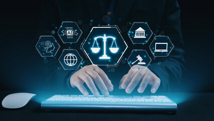 Futuristic digital law interface displaying justice scale, highlighting digital law, AI compliance,...
