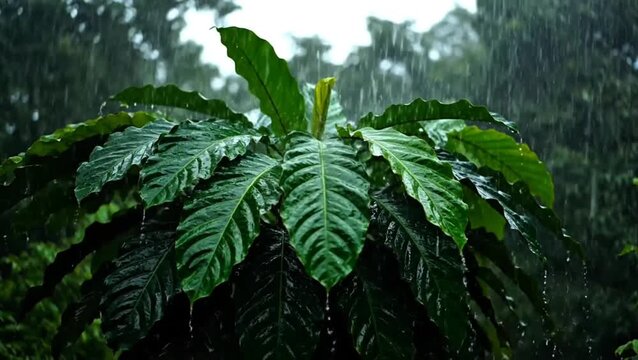 Lush green leaves glistening under heavy rainfall in a tropical setting