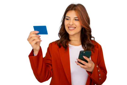 Professional woman banking online, gripping credit card and smartphone against clean backdrop