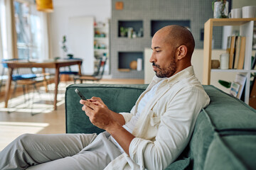 Concentrated man sitting on a comfortable sofa in a cozy living room, using a mobile phone for...