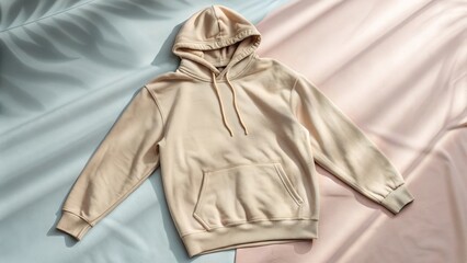 Cozy cream colored hoodie laid flat on a pastel background