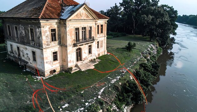 Derelict riverside mansion, showing significant age and erosion