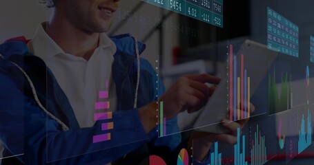 Data analyst opening finance app on tablet, animating charts and updating tables for trend analysis - Powered by Adobe