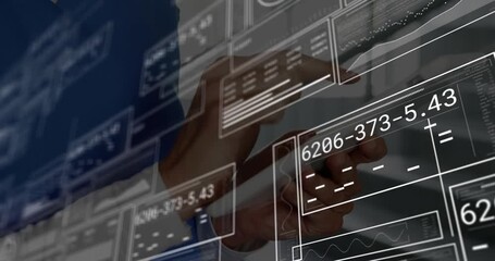 Woman tapping panel and swiping data overlays until revealing final code 836600 in tech space