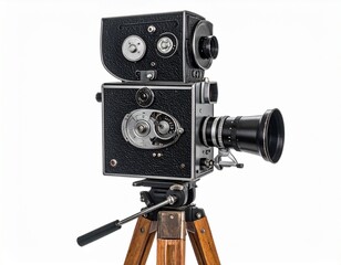 Vintage 16mm Film Camera on a Tripod on white background 