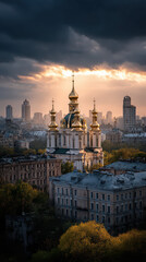 Kyiv cityscape with St. Michael's Golden-Domed Monastery : Capture the historic grandeur of Kyiv against a dramatic sky, highlighting the St. Michael's Golden-Domed Monastery.