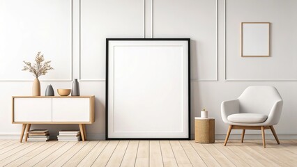 Modern living room interior with blank framed art and chair