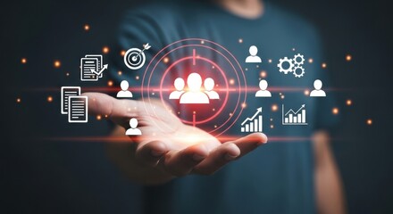Human resources management concept with icons and network connections over a hand
