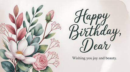 Happy birthday dear floral greeting card with soft watercolor flowers