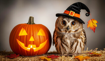 Cute Halloween Owl with Witch Hat and Glowing Pumpkin Jack-o&rsquo;-Lantern