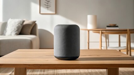Modern cylindrical smart speaker on a wooden coffee table in a bright living room
