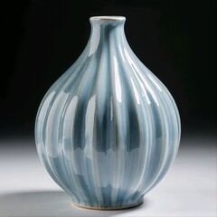 Title:
Blue ceramic vase with pumpkin-like round shape and vertical grooves