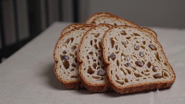 Freshly sliced artisan bread with seeds displayed on a rustic surface