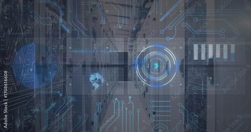 Poster On start UI panels sliding across server aisle, orb pulsing, charts updating for network monitoring