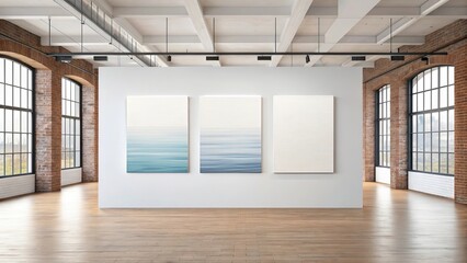 Modern art gallery interior with three abstract paintings on white wall