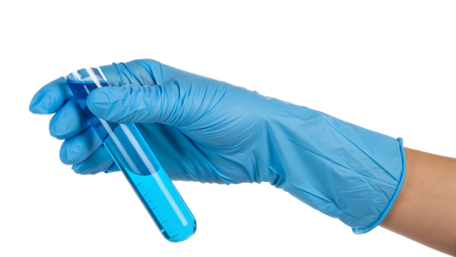 Hand in blue glove holding a test tube filled with liquid cut out on PNG. AI GENERATED.
