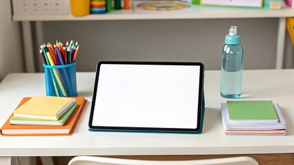 Digital tablet and school supplies on a desk for online learning