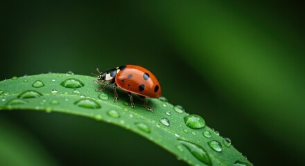 Obraz premium Ladybug on dewy leaf, vibrant green background