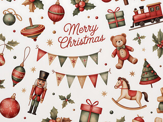 Whimsical watercolor christmas pattern with vintage toys and decorations