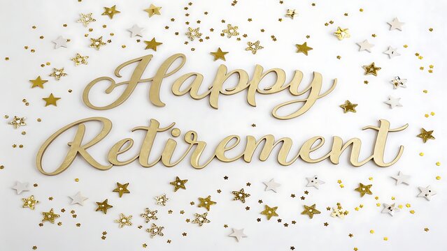 Golden happy retirement text with star confetti on a white background, isolated on white background - Powered by Adobe