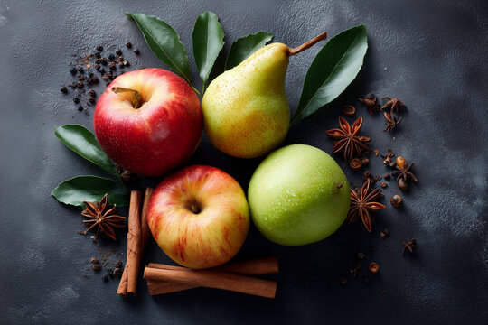 A close up of four apples and two pears with cinnamon sticks on top