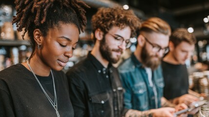 Young multicultural adults standing in a row, focused on mobile phones, representing digital connectivity and modern social interaction