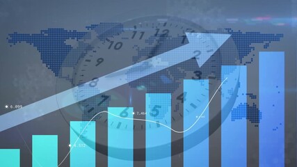 Starting with clock floating on world map teal bars appearing arrow emerging graph showing growth - Powered by Adobe