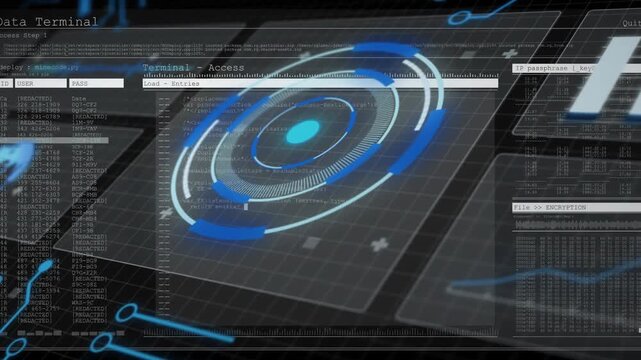 Dark grid loading activating HUD fading in, code logs scrolling, charts updating, securing access