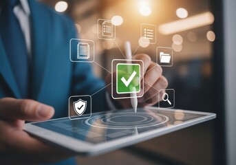 Businessman using a tablet with digital icons representing compliance, security, and document management, signifying digital transformation and efficiency in business processes
