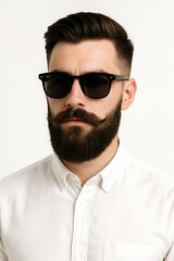 Obraz premium Stylish man in sunglasses poses confidently for a modern and minimalist portrait