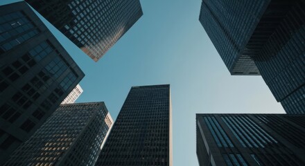 Low-angle view of skyscrapers against a clear blue sky