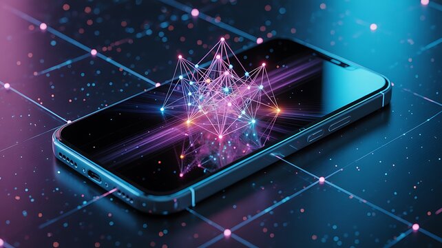Smartphone with Digital Network Overlay and Glowing Particles
