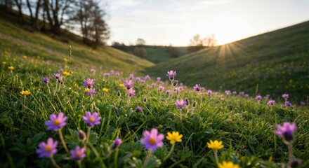Obraz premium Lush meadow blanketed in purple and yellow wildflowers, bathed in golden sunset light, rolling hills in background