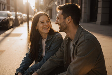 Fototapeta premium happy couple enjoying sunset together on urban street with warm smiles and casual attire