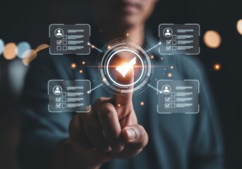 Persons finger touching a glowing checkmark icon surrounded by profile cards, symbolizing selection or confirmation in a digital interface