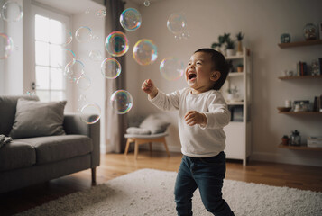 joyful toddler playing with bubbles in a cozy living room with soft lighting and neutral tones