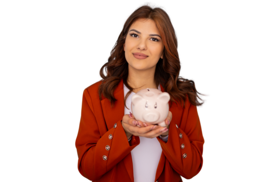 Businesswoman smiling and holding piggy bank, promoting saving and financial responsibility, on a transparent background