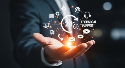 Businessman holding a glowing network of technical support icons and services