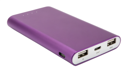 Sleek purple power bank featuring USB ports cut out on PNG. AI GENERATED.
